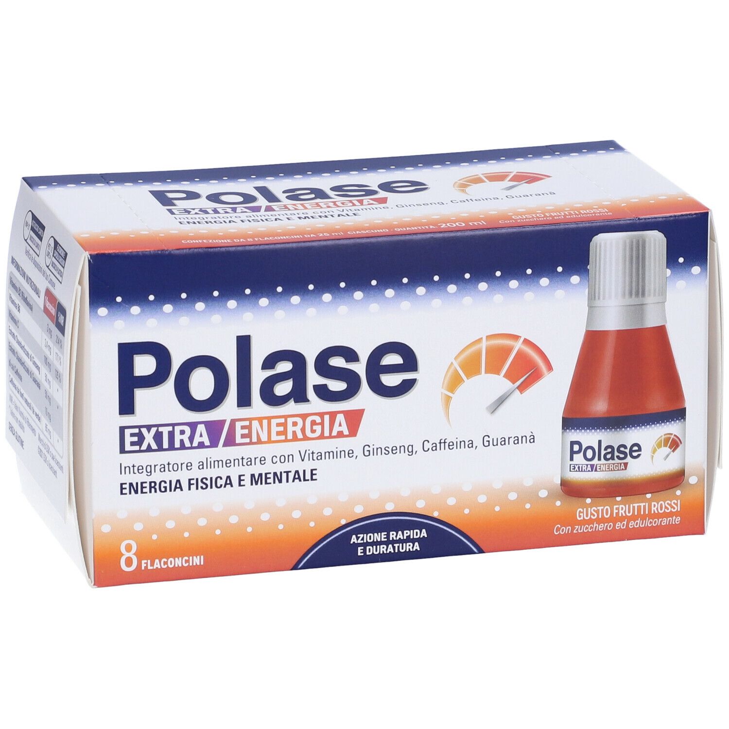 Polase Extra Energia. Confezione da 8 flaconcini. Flaconcino con liquido rosso. Scritta: Gusto Frutti Rossi.