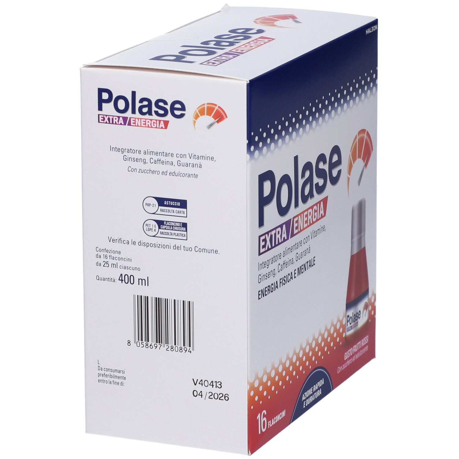 Confezione Polase Extra Energia. Contiene 16 flaconcini. Retro con informazioni su ingredienti e valori nutrizionali. 400 ml.