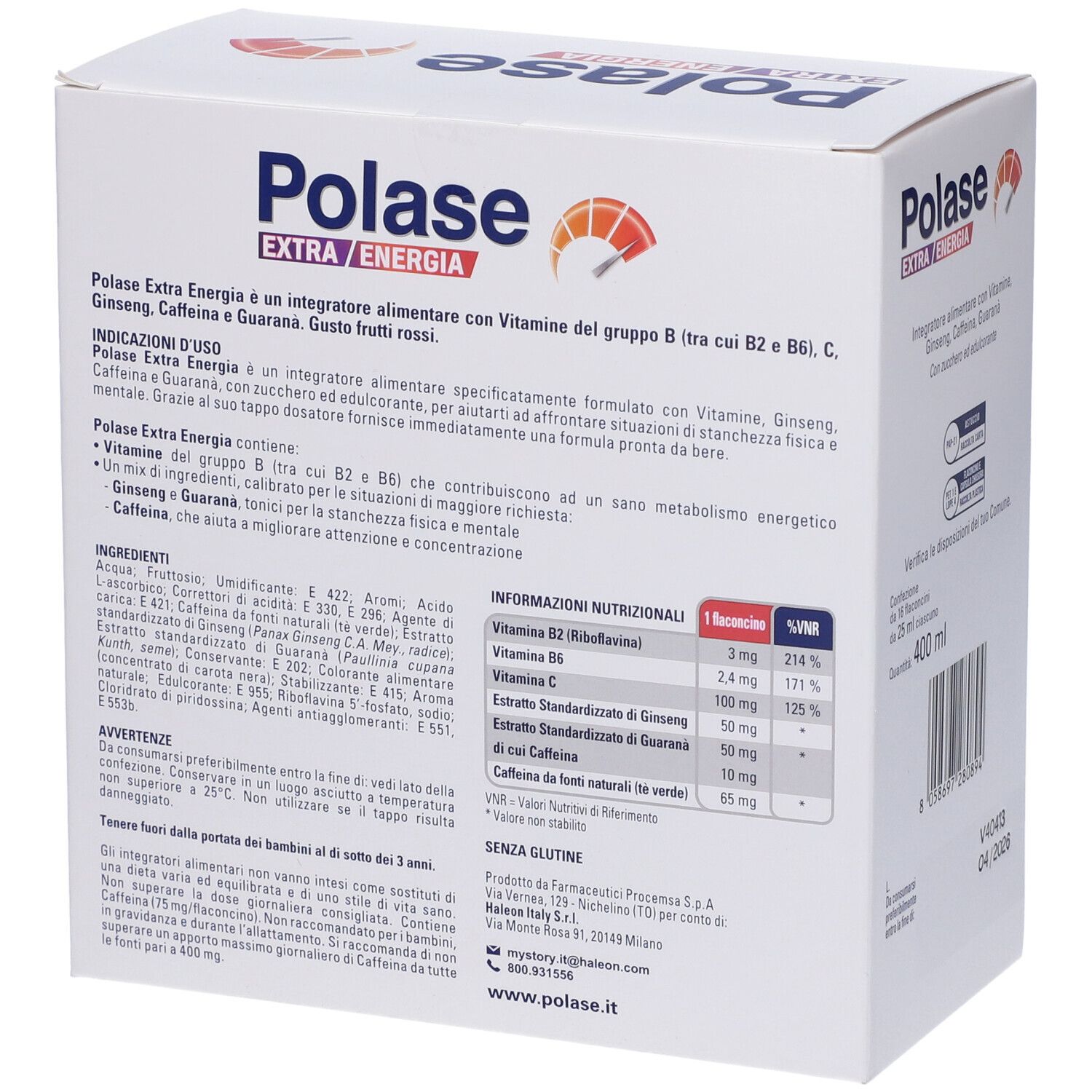 Retro della confezione Polase Extra Energia. Contiene informazioni su ingredienti, valori nutrizionali e istruzioni per l'uso. 400 ml.