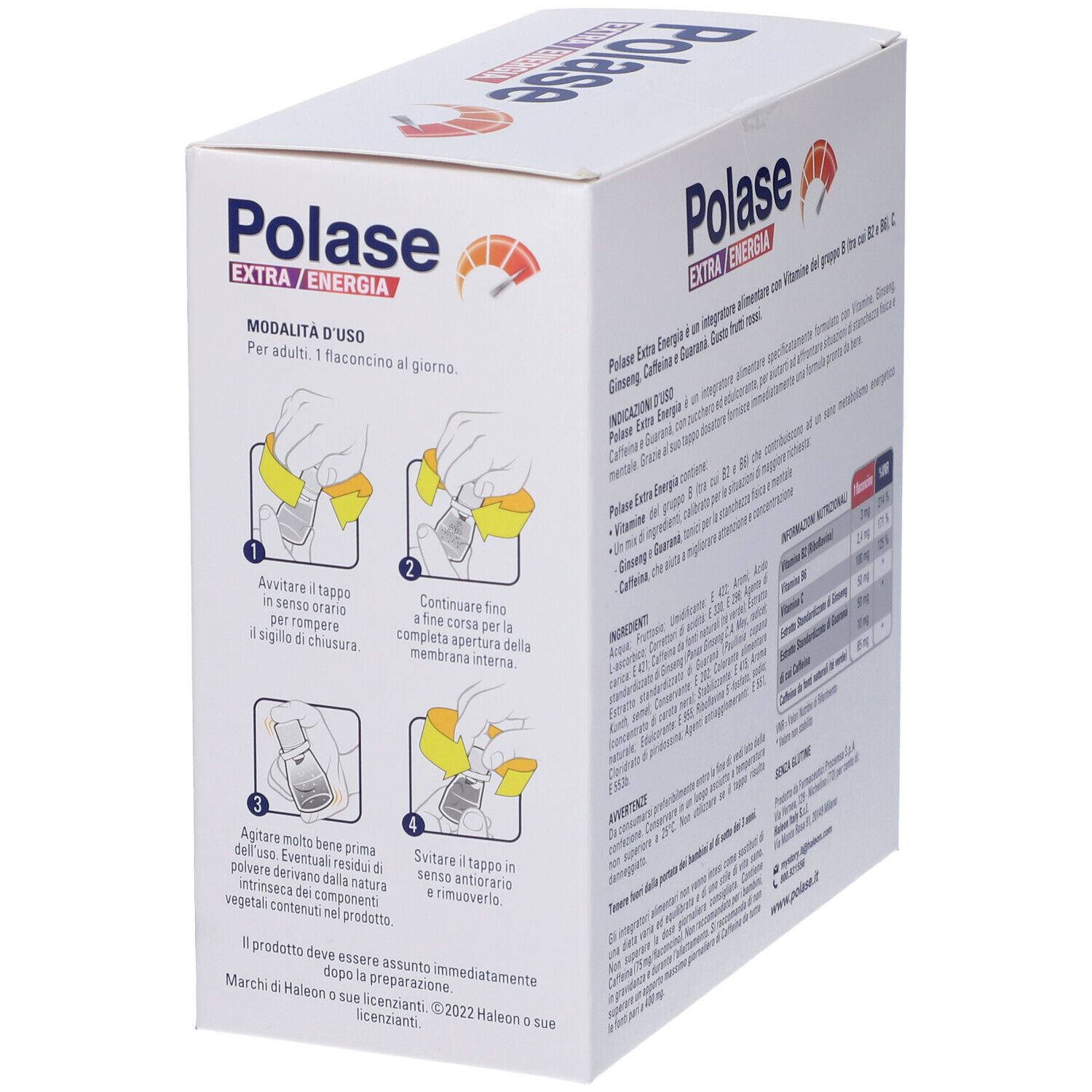 Retro della confezione Polase Extra Energia. Istruzioni per l'uso con illustrazioni. Contiene informazioni su ingredienti e valori nutrizionali.