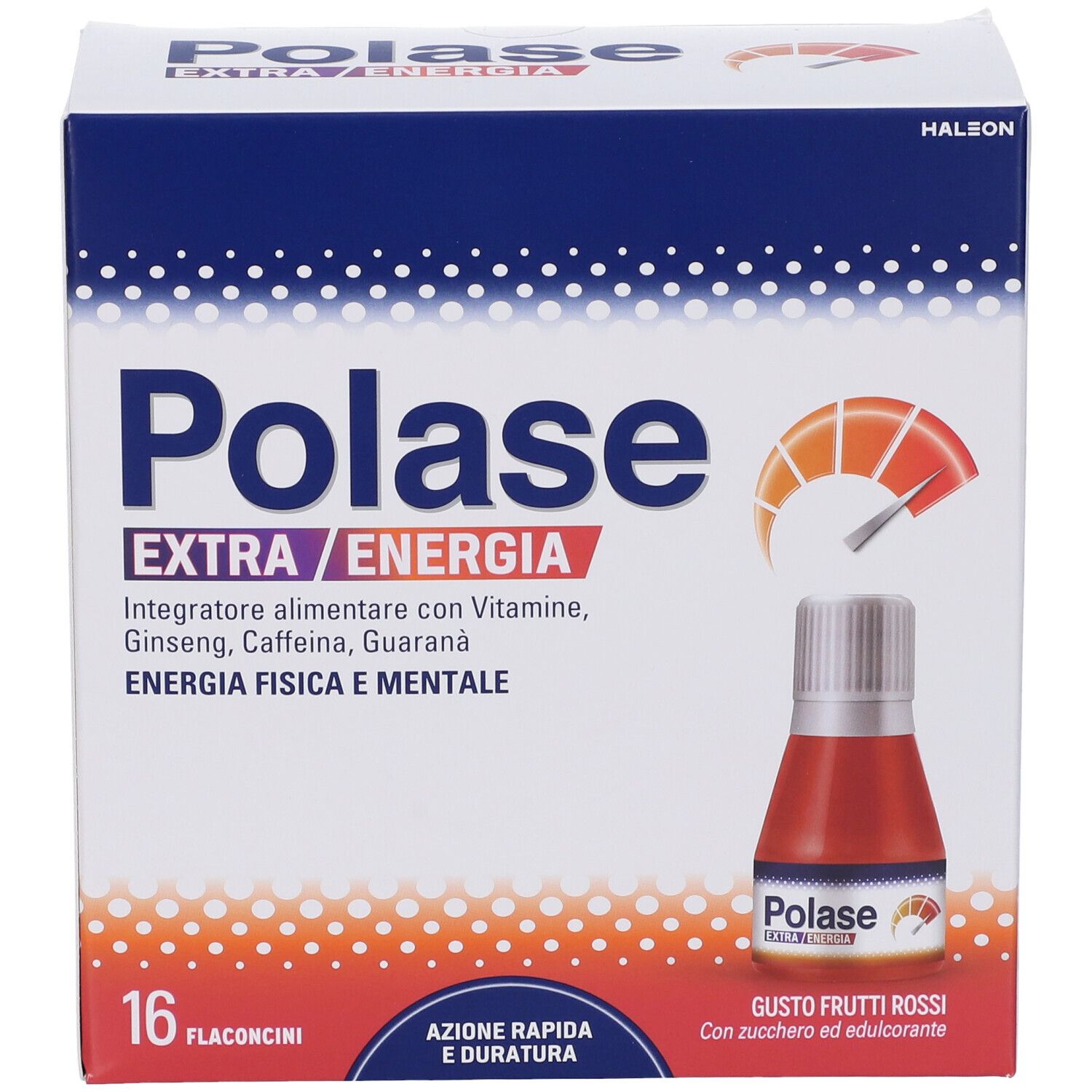 Confezione Polase Extra Energia con 16 flaconcini. Contiene vitamine, ginseng, caffeina e guaranà. Flaconcino con liquido rosso.
