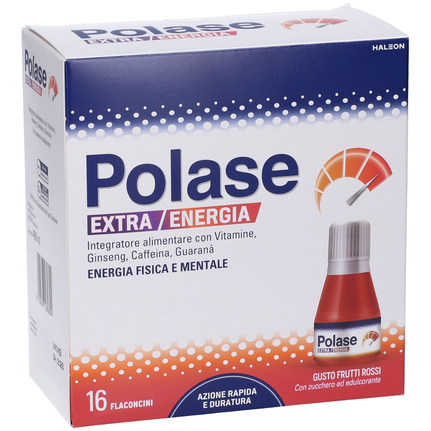 Confezione Polase Extra Energia con 16 flaconcini. Contiene vitamine, ginseng, caffeina e guaranà. Flaconcino con liquido rosso.