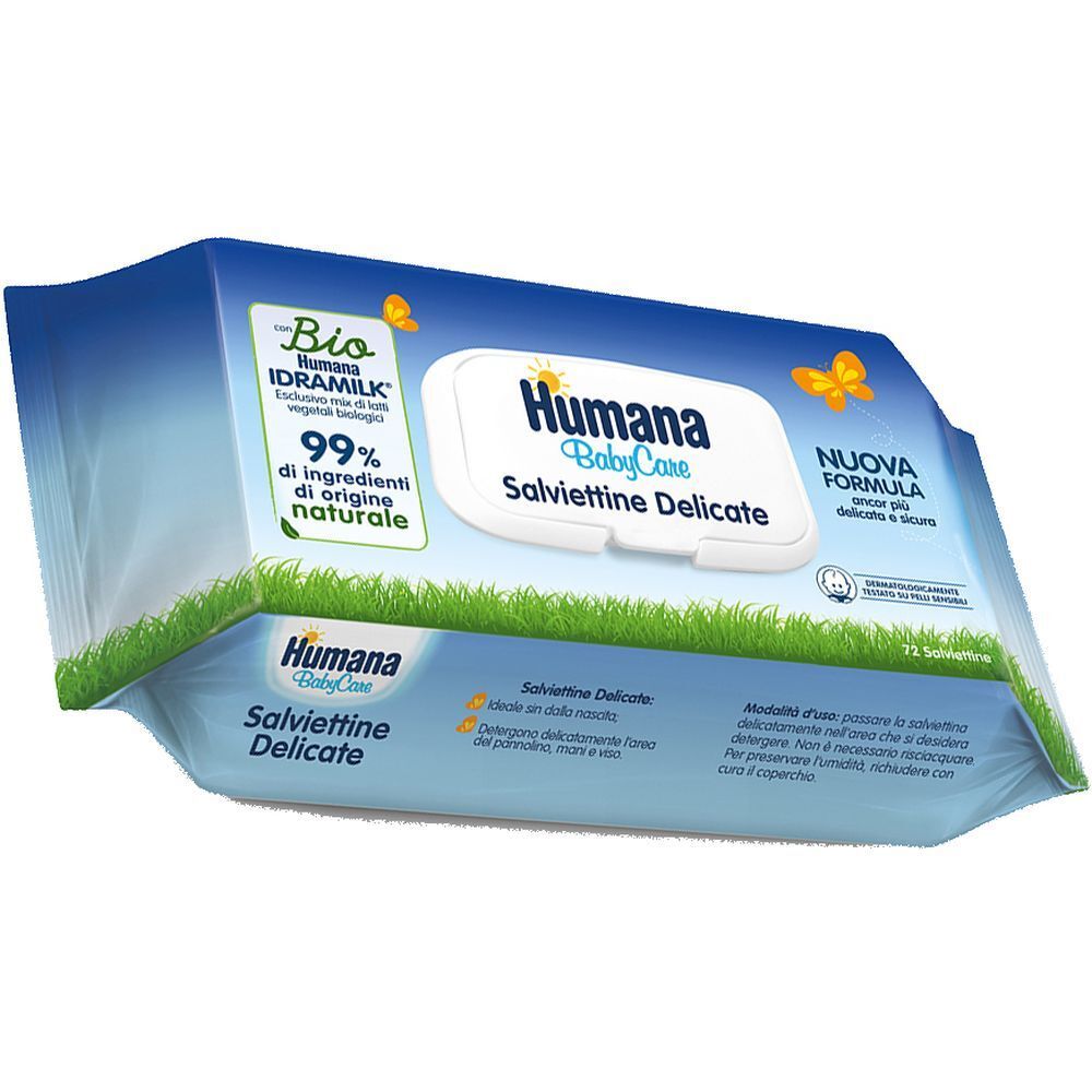 Confezione di salviettine Humana Baby Care. Confezione blu con nome e logo del prodotto. Contiene 72 salviettine.