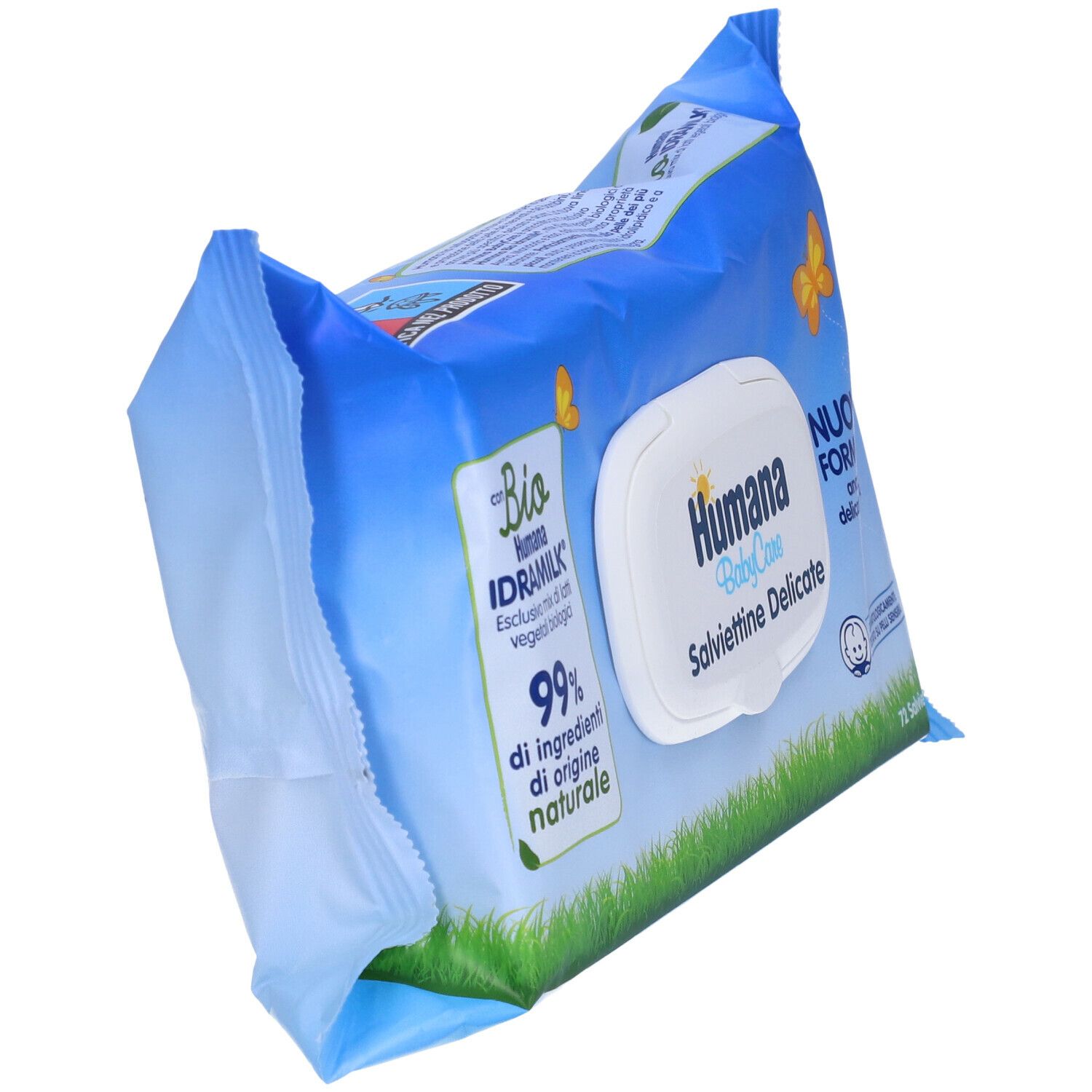 Confezione di salviettine Humana Baby Care. Confezione blu con nome e logo del prodotto. 72 salviettine.
