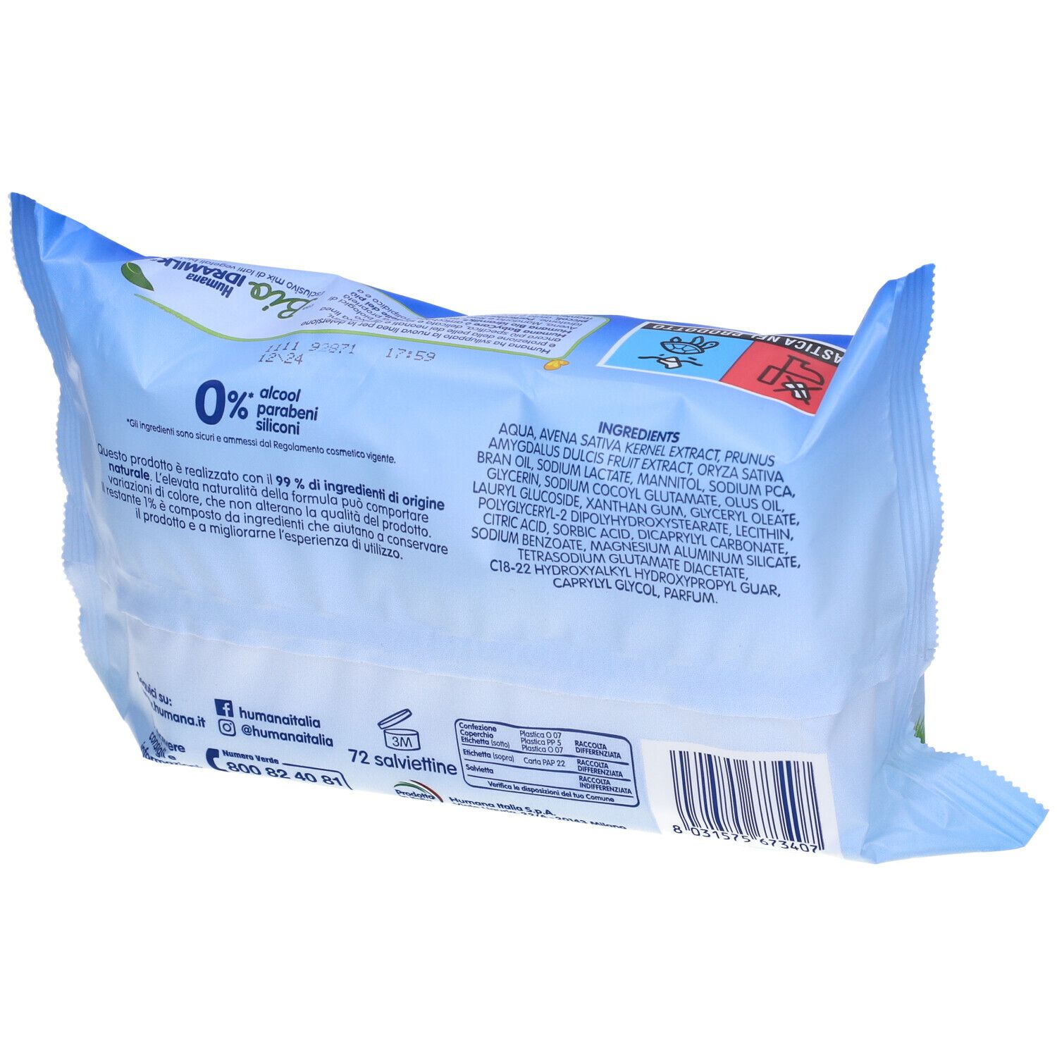 Confezione di salviettine Humana Baby Care. Confezione blu con nome e logo del prodotto. 72 salviettine.
