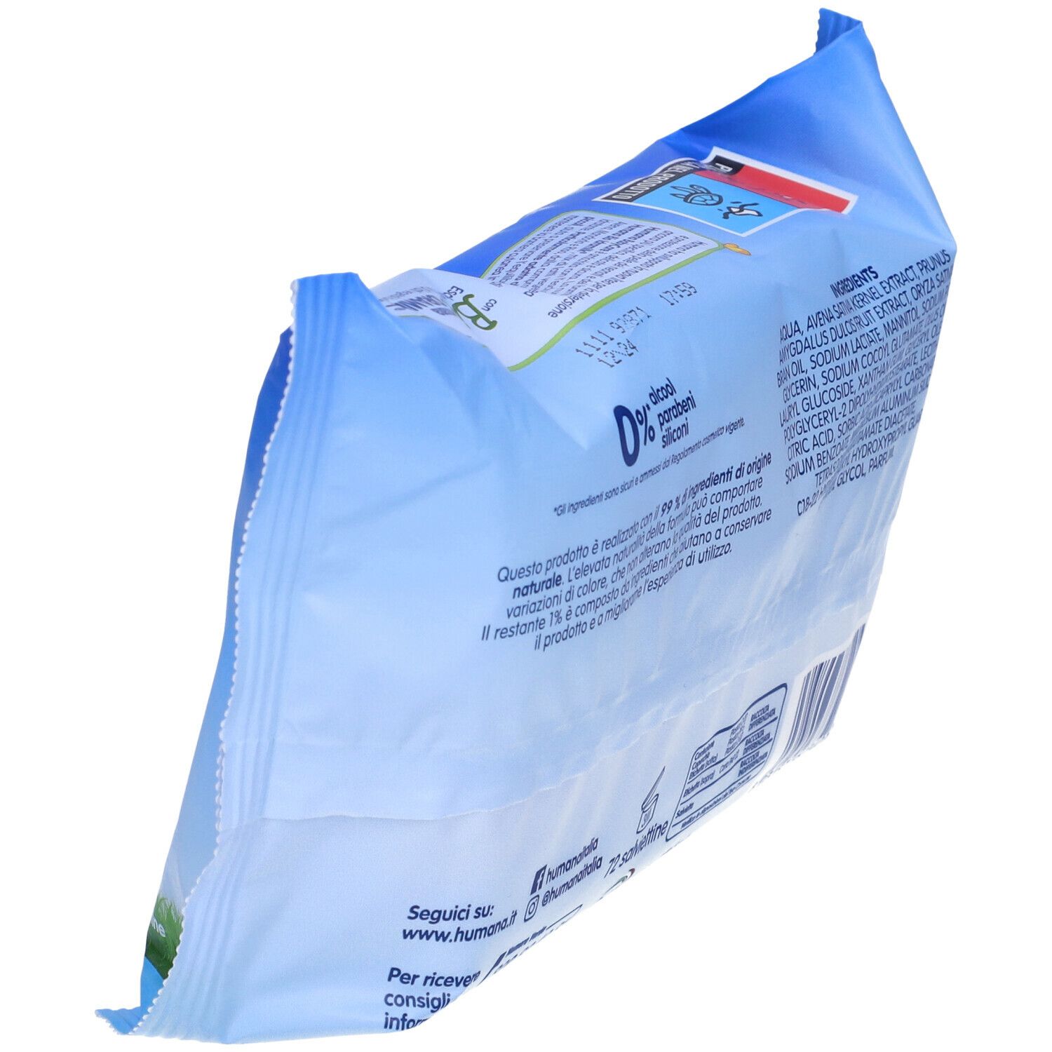Confezione di salviettine Humana Baby Care. Confezione blu con nome e logo del prodotto. 72 salviettine.