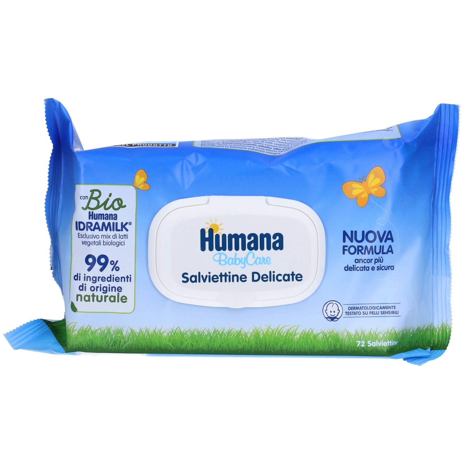 Confezione di salviettine Humana Baby Care. Confezione blu con nome e logo del prodotto. 72 salviettine.