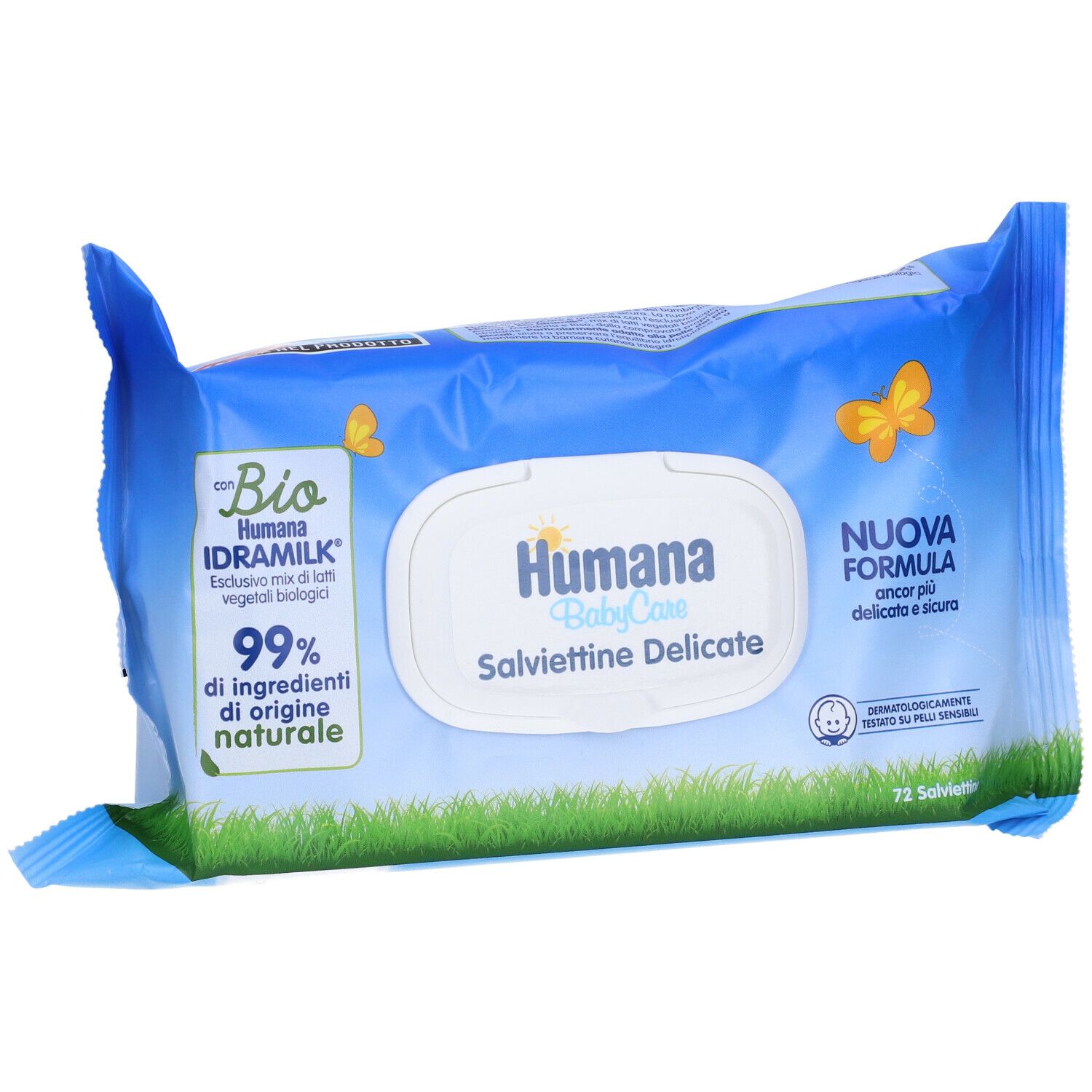Confezione di salviettine Humana Baby Care. Confezione blu con nome e logo del prodotto. 72 salviettine.