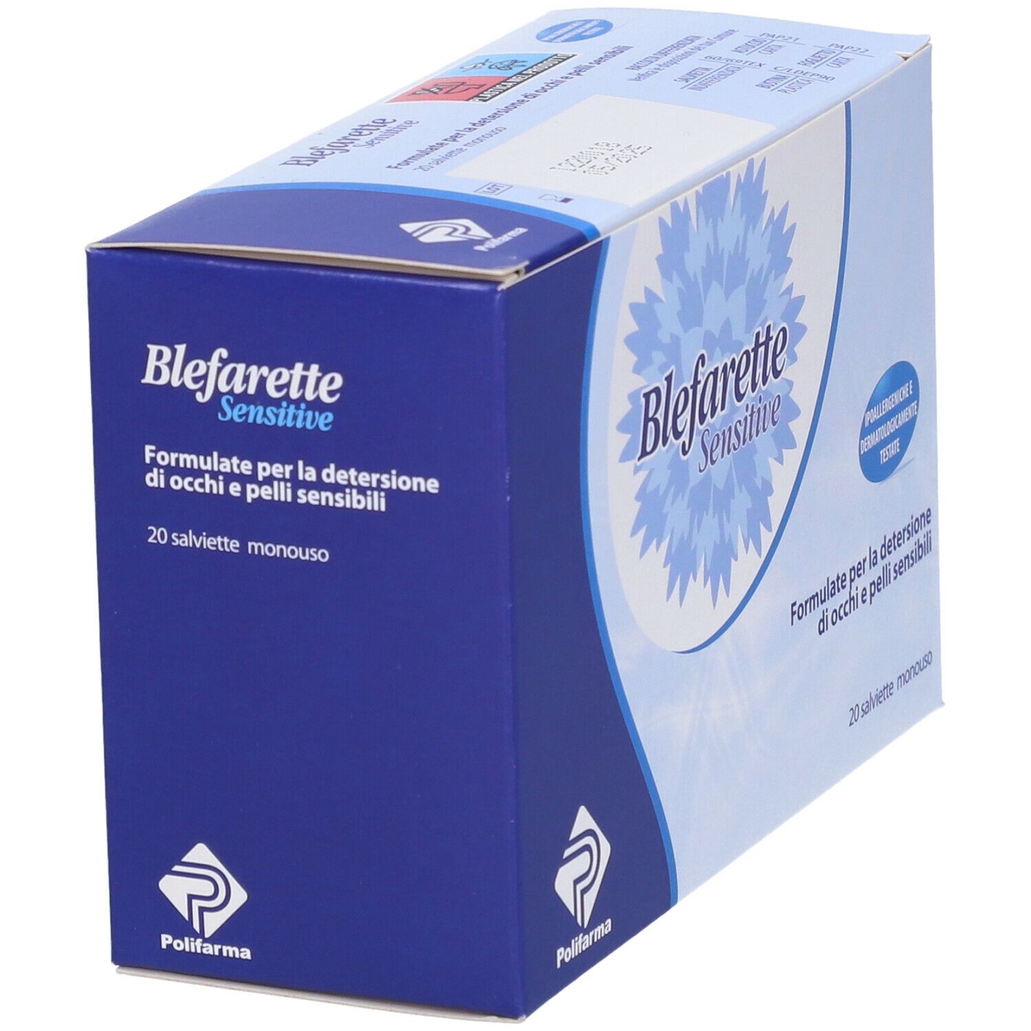 Scatola "Blefarette Sensitive" angolata. Confezione blu e bianca con logo e testo. 20 salviette.