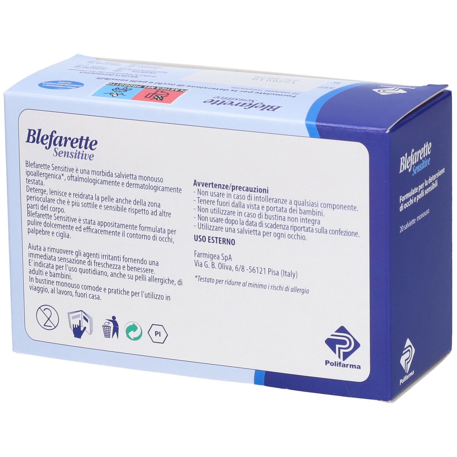 Retro della scatola "Blefarette Sensitive". Testo, ingredienti e avvertenze. 20 salviette.