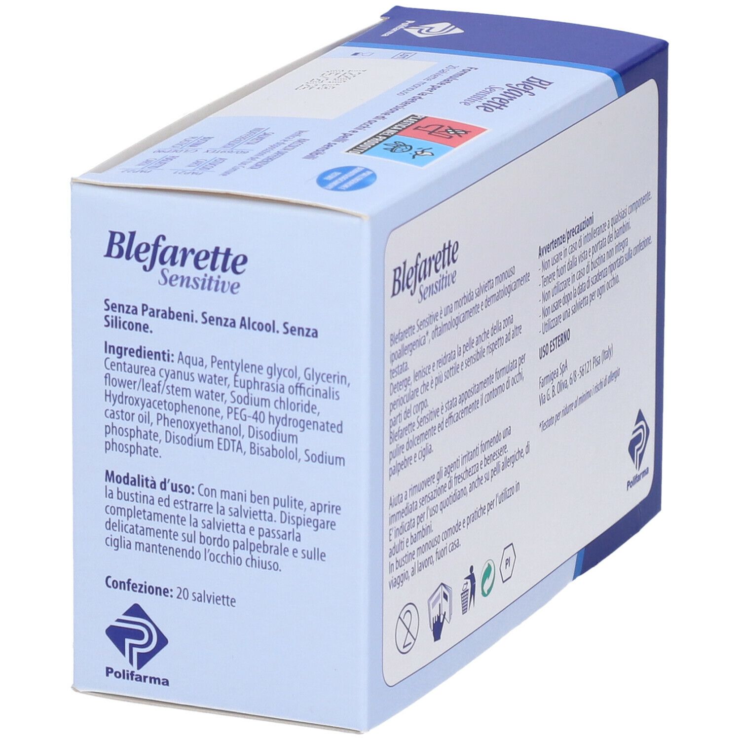 Retro della scatola "Blefarette Sensitive" con ingredienti e istruzioni. 20 salviette.