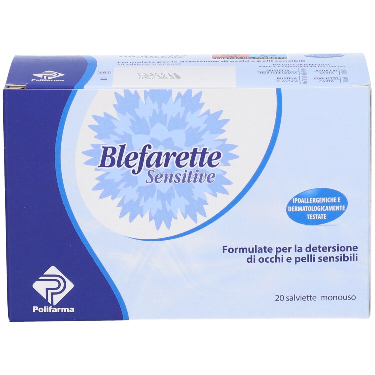 Scatola "Blefarette Sensitive". Confezione blu e bianca con logo e testo. 20 salviette. Ipoallergenico.