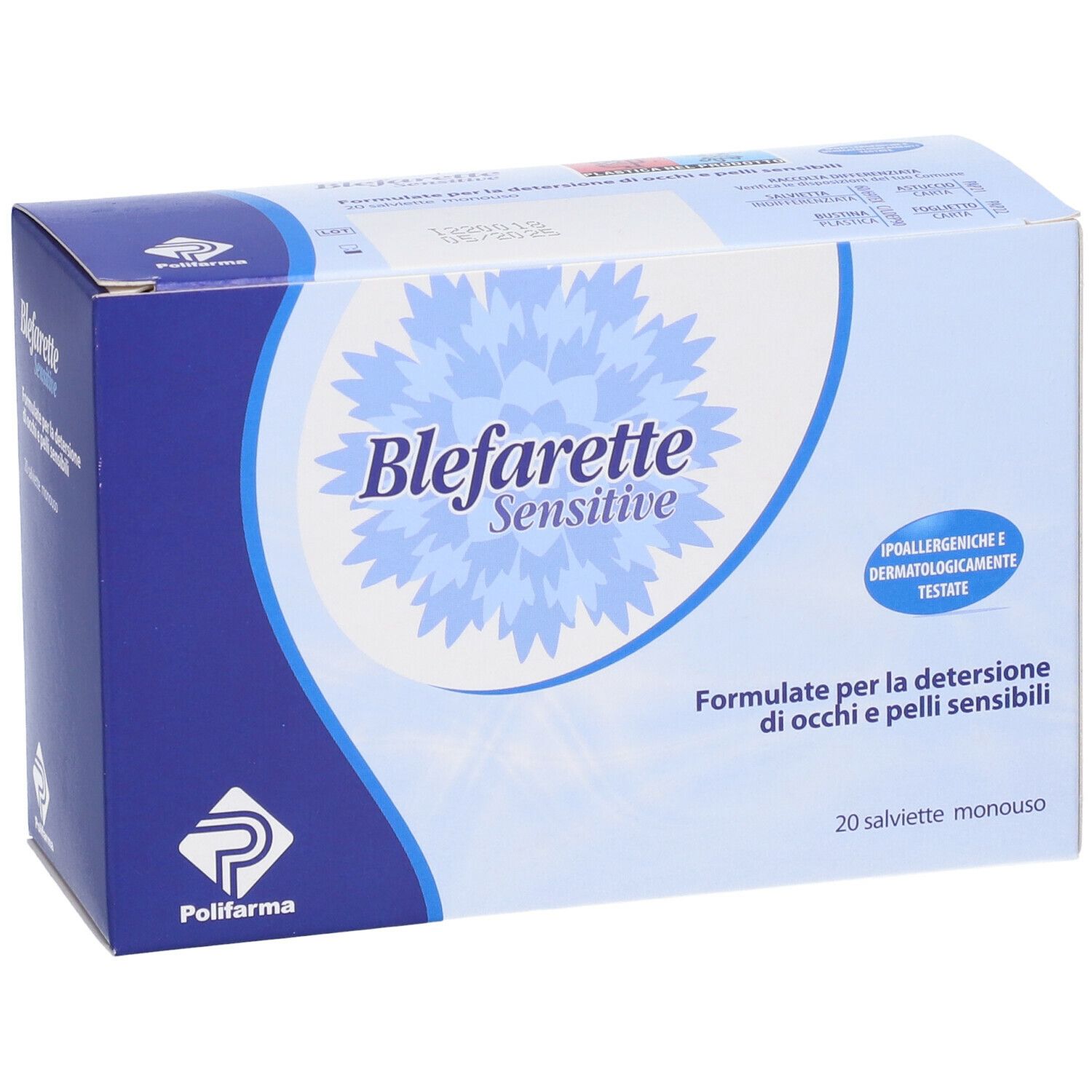 Scatola "Blefarette Sensitive". Confezione blu e bianca con logo e testo. 20 salviette. Dermatologicamente testato.