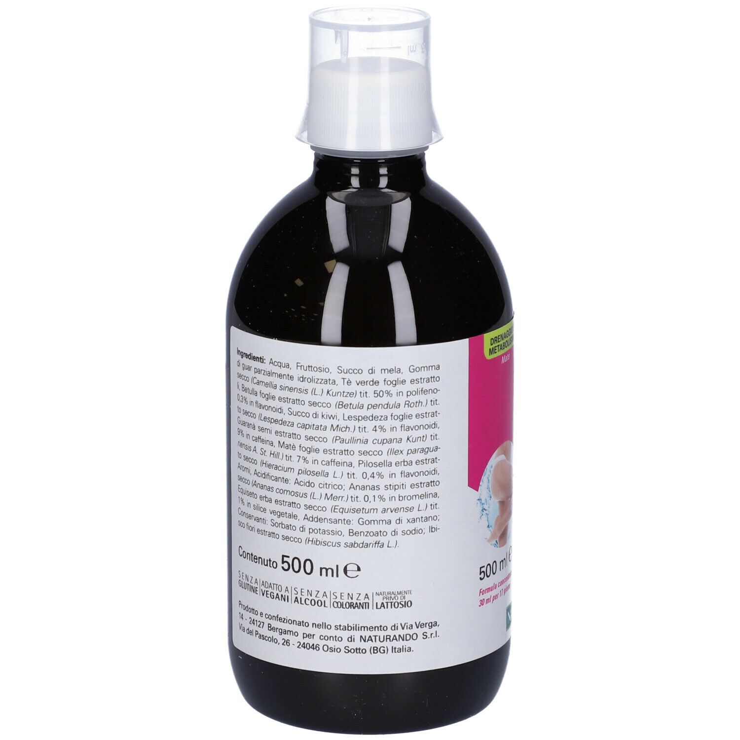 Retro di una bottiglia di liquido marrone. Scritta: 500 ml. Elenco ingredienti. Marchio Naturando.