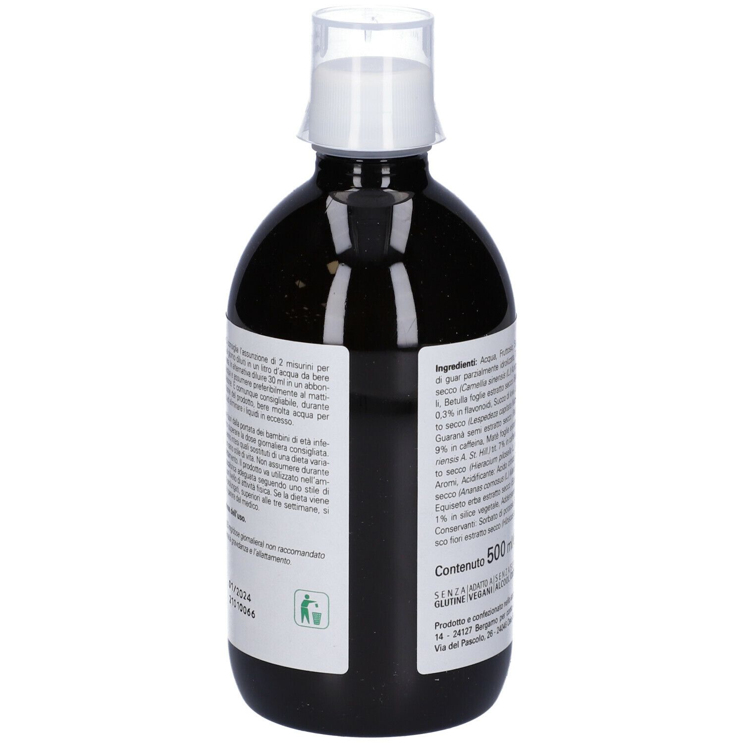 Retro di una bottiglia di liquido marrone. Scritta: 500 ml. Elenco ingredienti. Marchio Naturando.