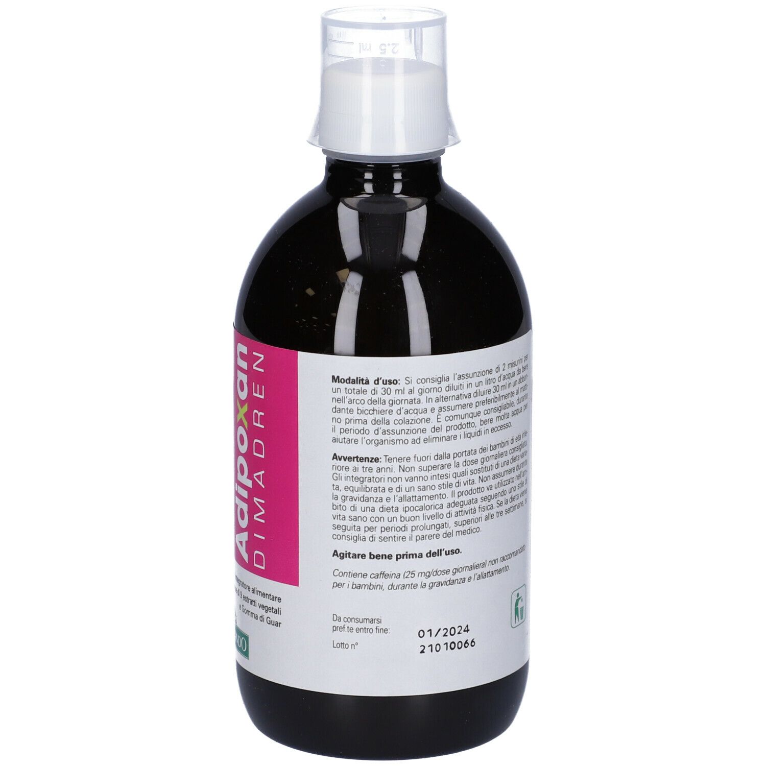 Retro di una bottiglia di liquido marrone. Scritta: 500 ml. Istruzioni per l'uso. Marchio Naturando.