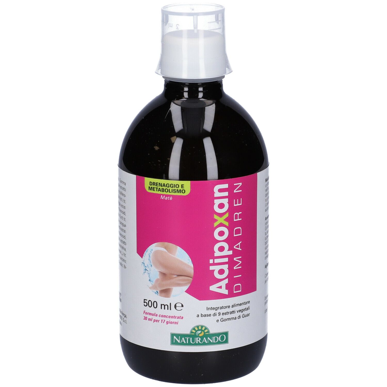 Bottiglia di liquido marrone. Scritta: Adipoxan Dimadren, 500 ml. Marchio Naturando.