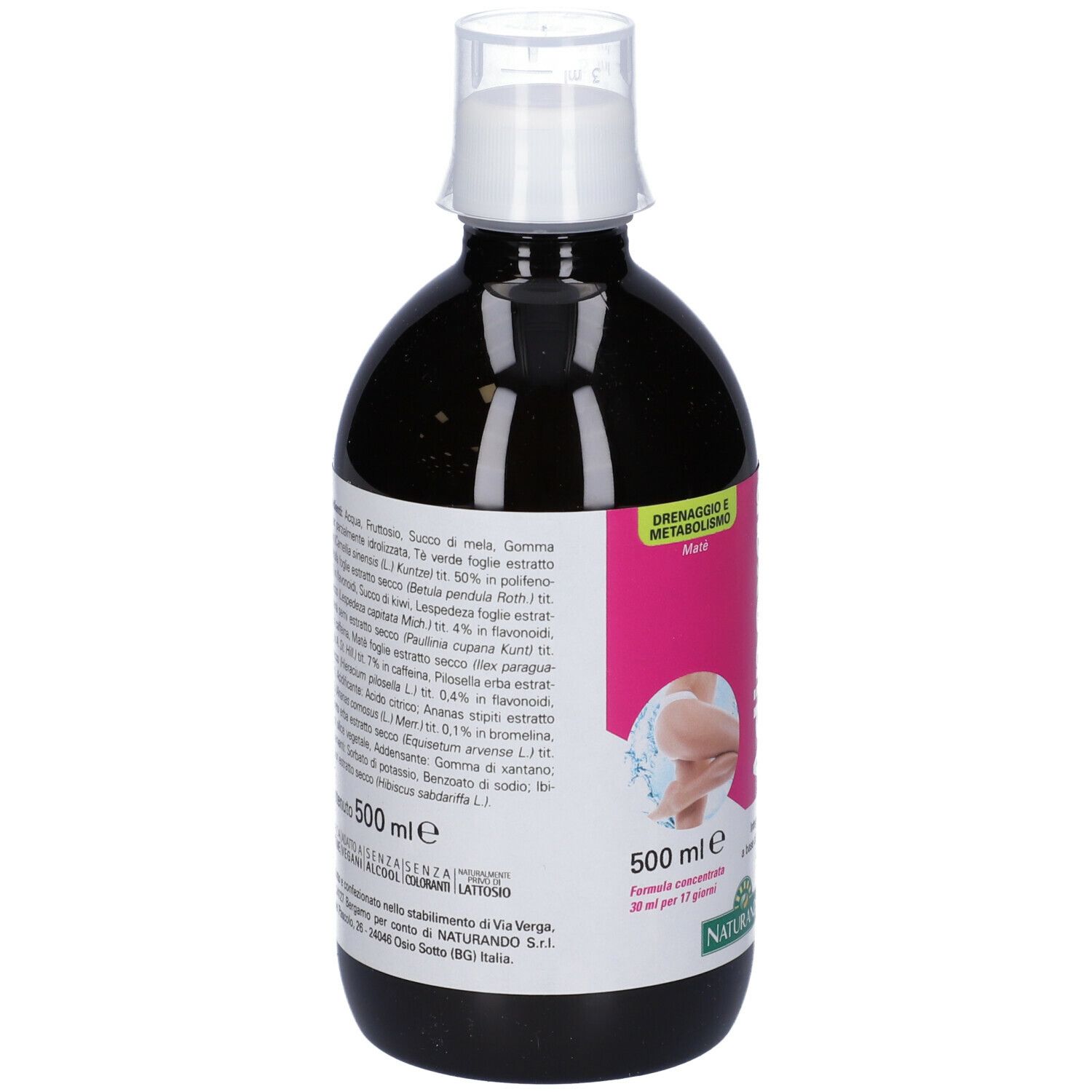 Retro di una bottiglia di liquido marrone. Scritta: 500 ml. Elenco ingredienti. Marchio Naturando.