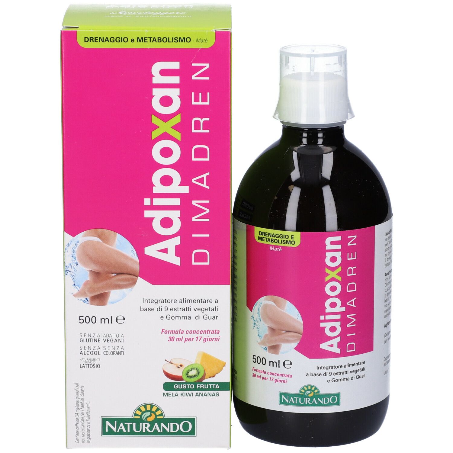 Bottiglia e confezione di liquido marrone. Scritta: Adipoxan Dimadren, 500 ml. Marchio Naturando.