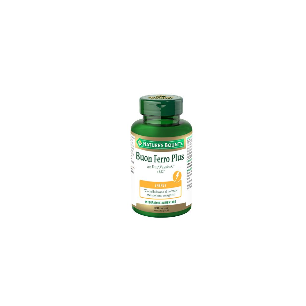 Flacone verde con capsule. Scritta: Buon Ferro Plus, Nature's Bounty. Con vitamina C e B12.