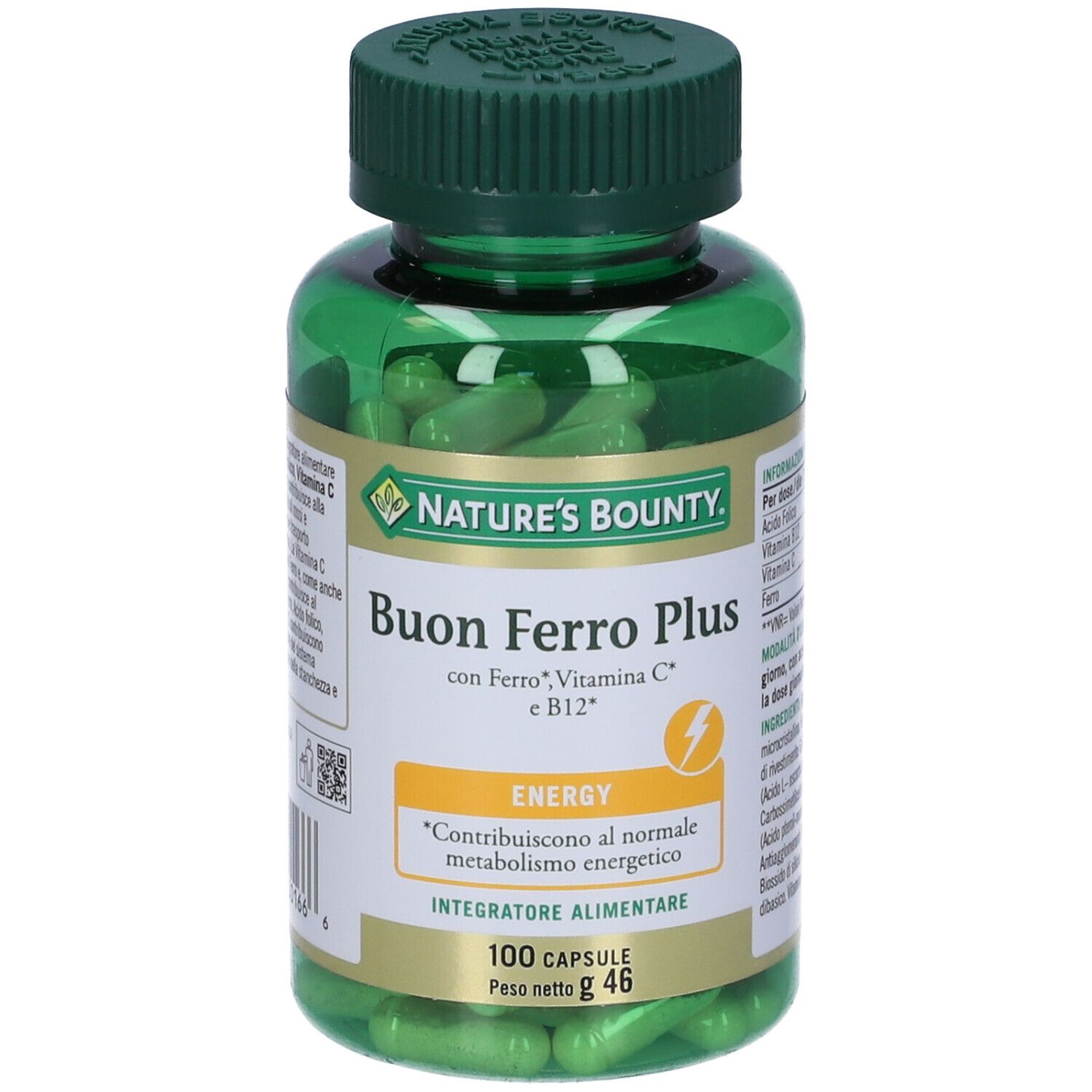 Flacone verde con capsule. Scritta: Buon Ferro Plus, Nature's Bounty. 100 capsule.