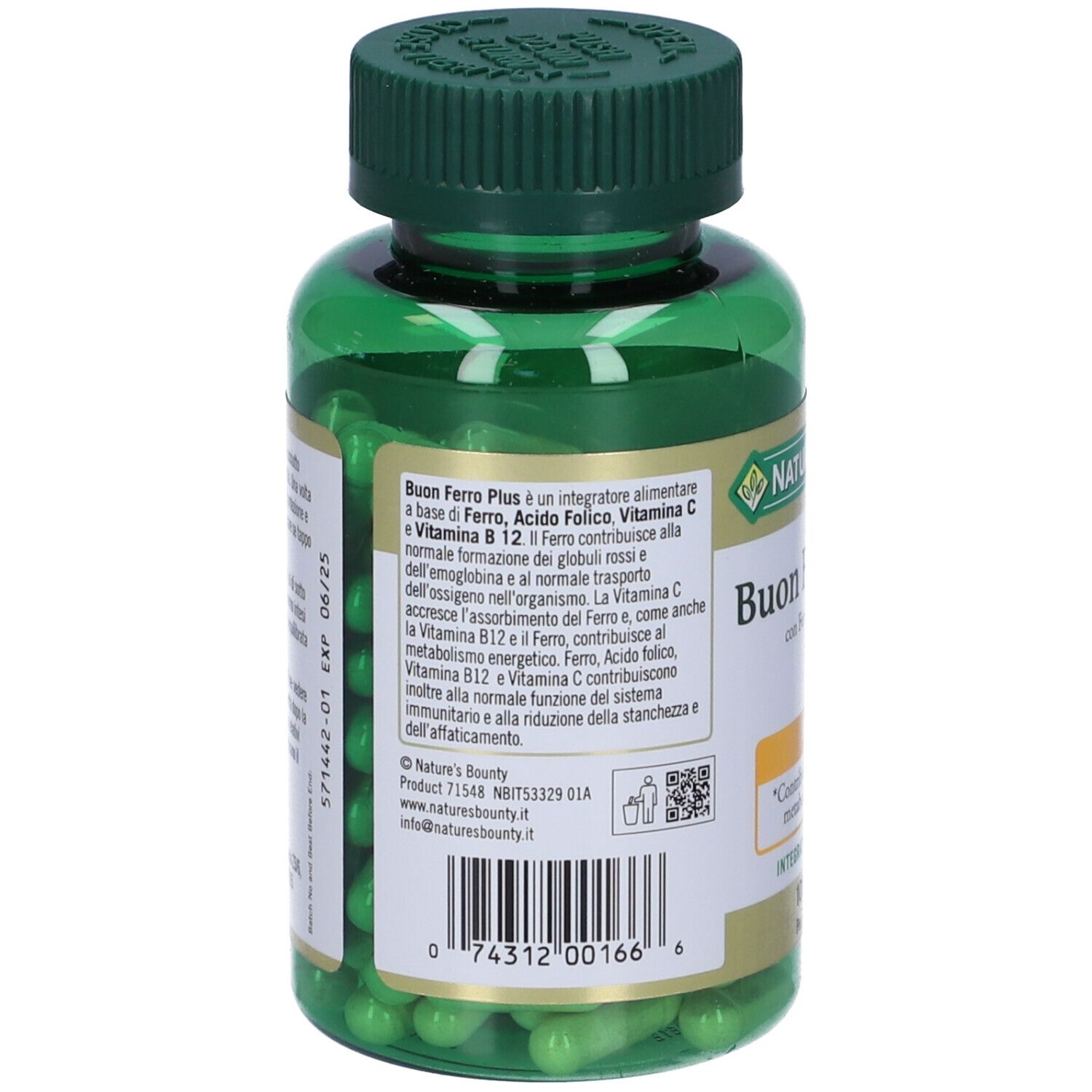 Retro del flacone verde con capsule. Testo: Buon Ferro Plus, Nature's Bounty. Ingredienti e uso.