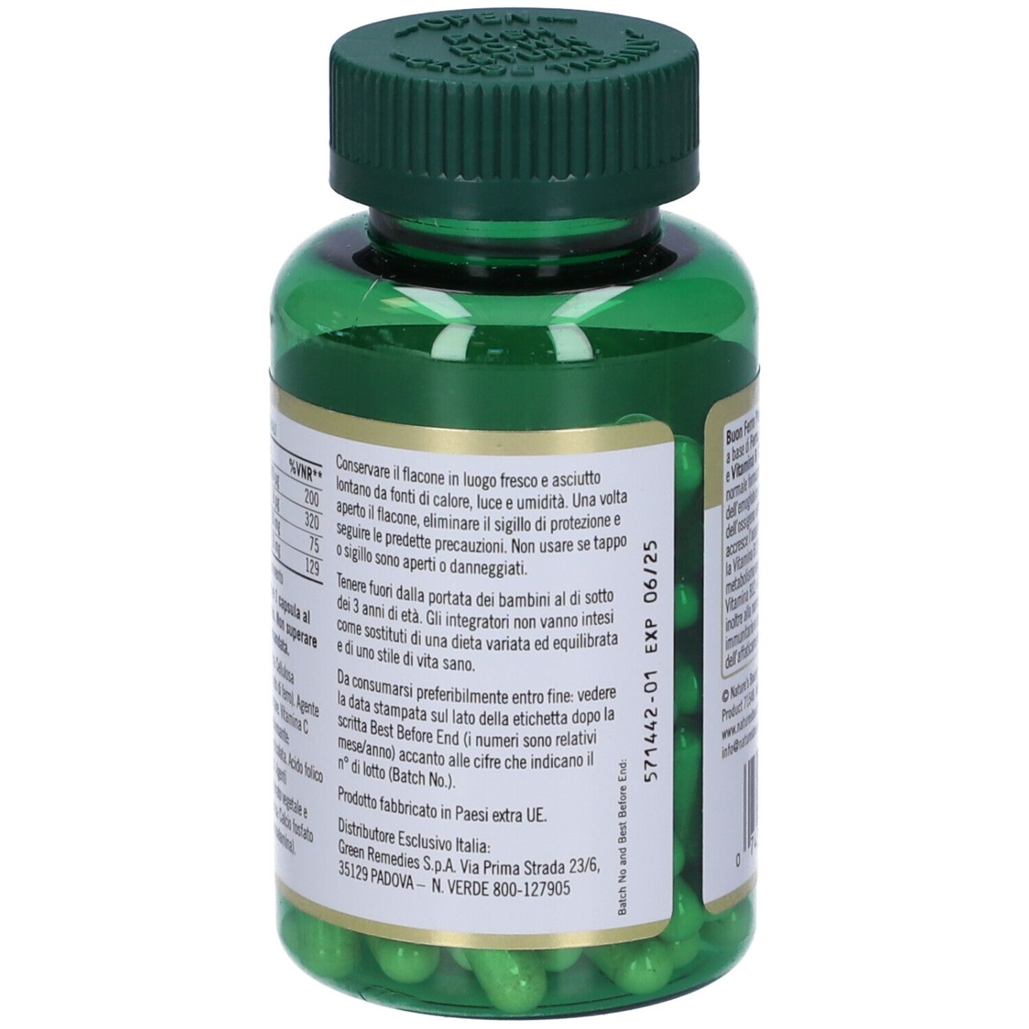 Retro del flacone verde con capsule. Testo: Buon Ferro Plus, Nature's Bounty. Consigli di conservazione.