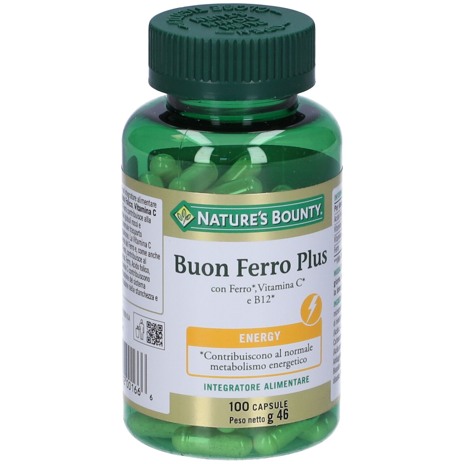 Flacone verde con capsule. Scritta: Buon Ferro Plus, Nature's Bounty. 100 capsule. Energia.