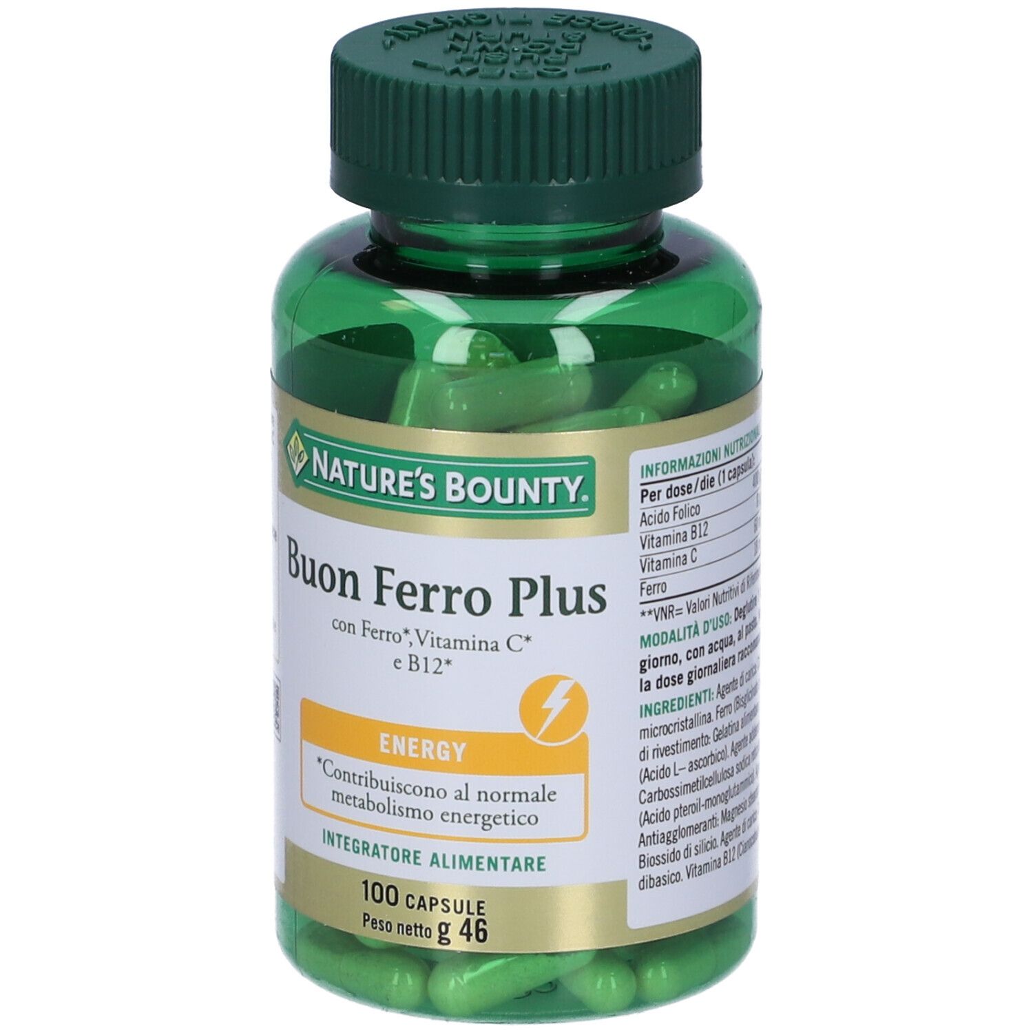 Flacone verde con capsule. Scritta: Buon Ferro Plus, Nature's Bounty. 100 capsule. Informazioni nutrizionali.