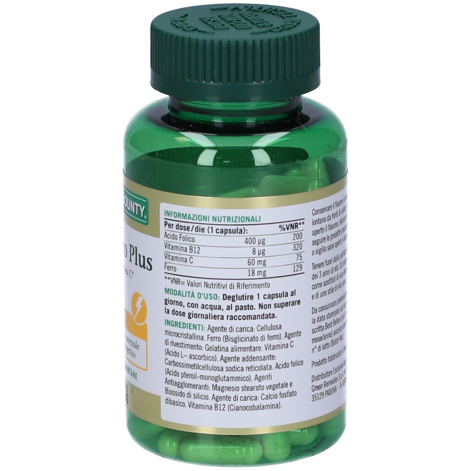 Flacone verde con capsule. Scritta: Buon Ferro Plus, Nature's Bounty. Ingredienti e valori nutrizionali.