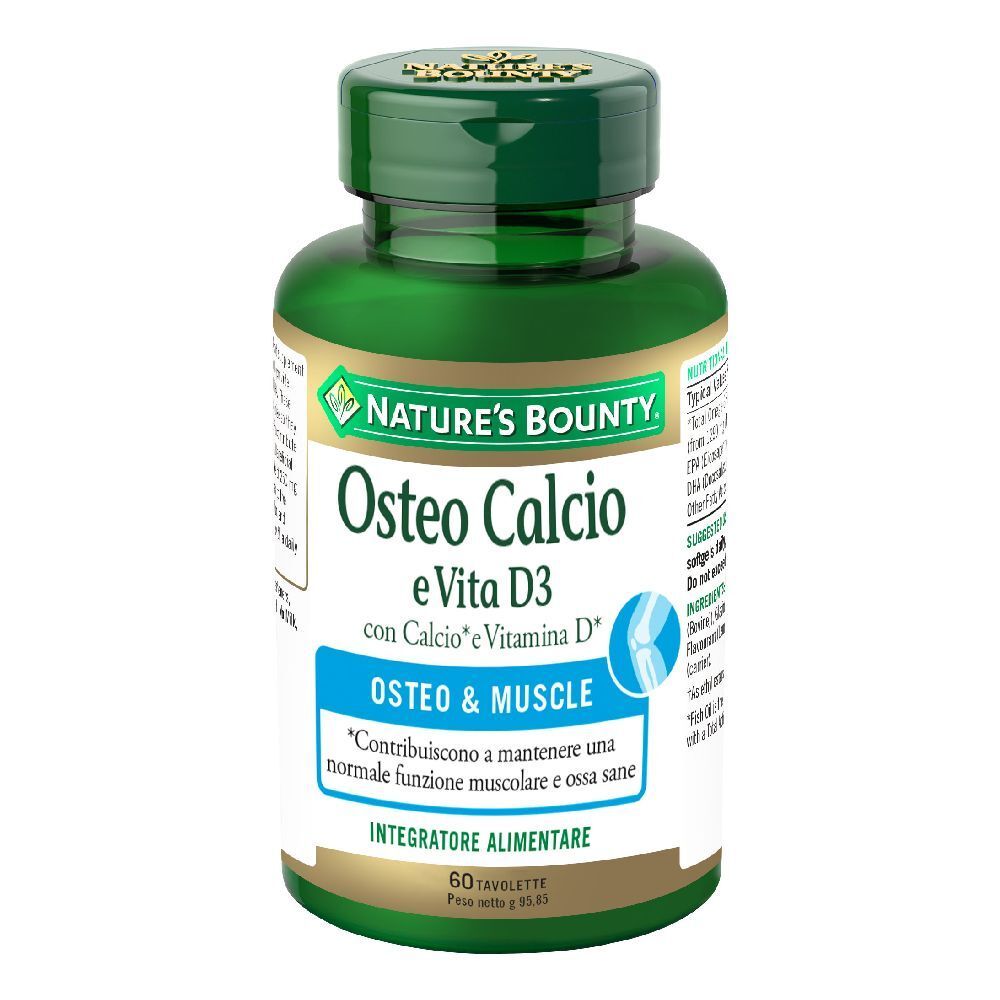 Flacone verde con compresse. Scritta: Osteo Calcio e Vita D3, 60 Tavolette. Marchio: Nature's Bounty.