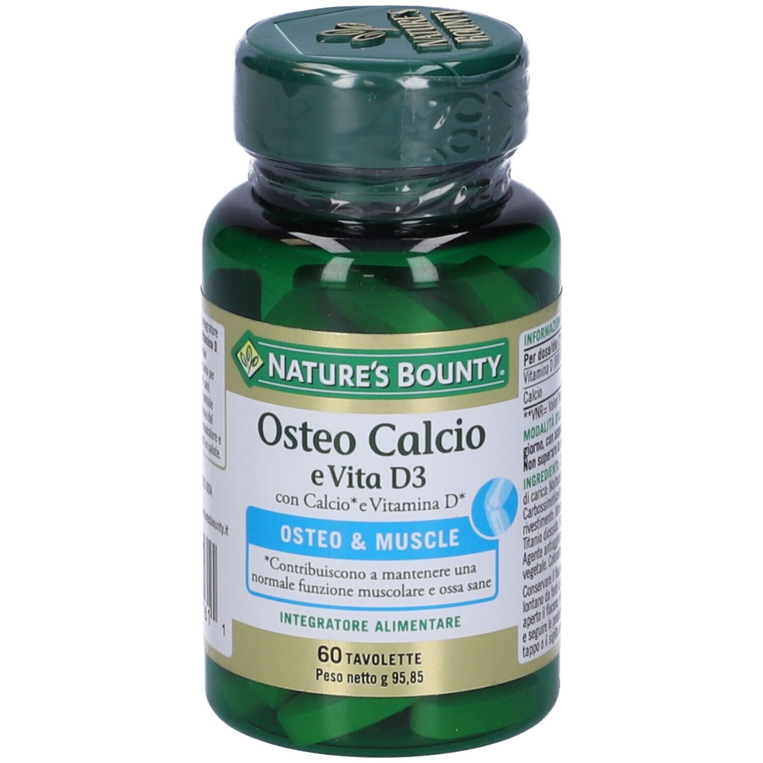 Flacone verde con compresse. Scritta: Osteo Calcio e Vita D3, 60 Tavolette. Marchio: Nature's Bounty.