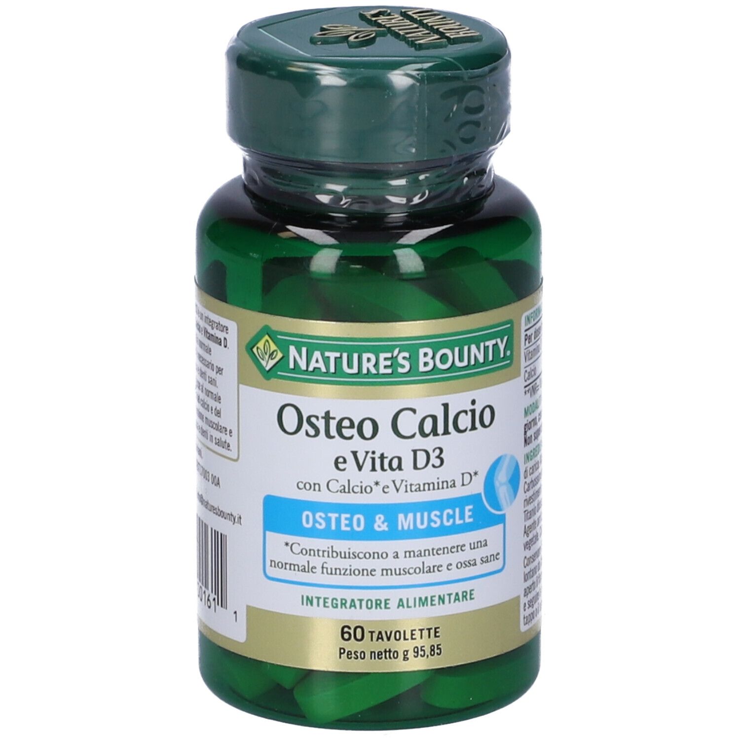 Flacone verde con compresse. Scritta: Osteo Calcio e Vita D3, 60 Tavolette. Marchio: Nature's Bounty.