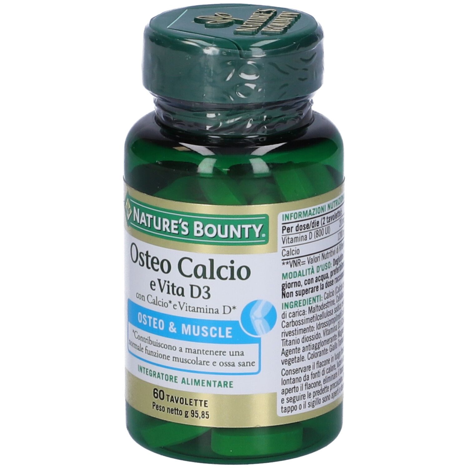 Flacone verde con compresse. Scritta: Osteo Calcio e Vita D3, 60 Tavolette. Marchio: Nature's Bounty.