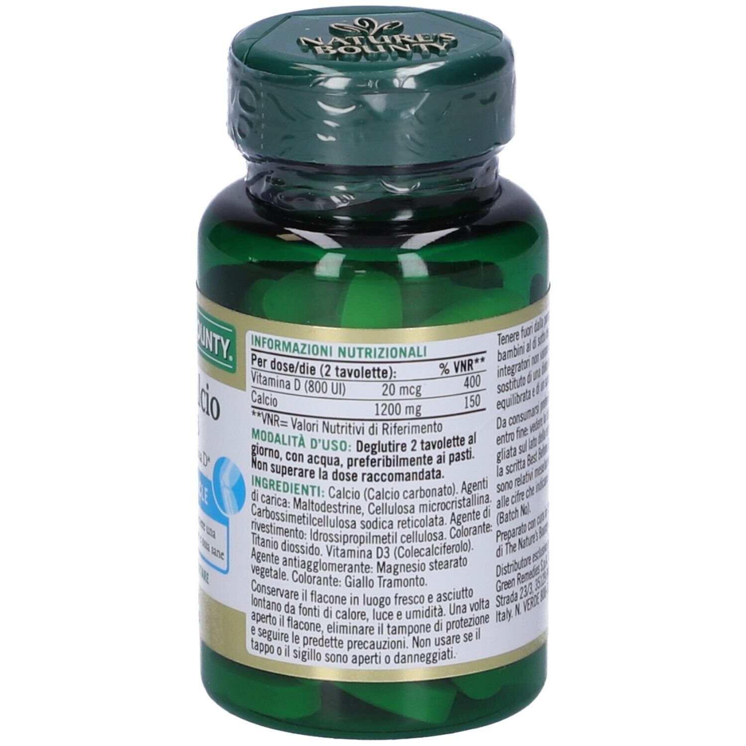 Retro del flacone verde con compresse. Informazioni nutrizionali e ingredienti. Marchio: Nature's Bounty.