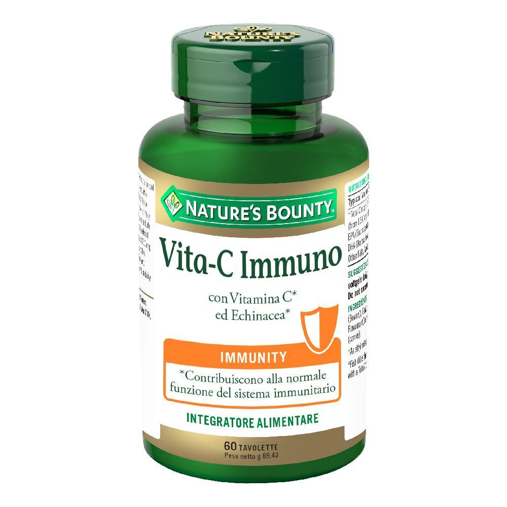 Flacone verde di Vita-C Immuno. Etichetta con nome del prodotto, ingredienti e 60 compresse. Marchio Nature's Bounty.