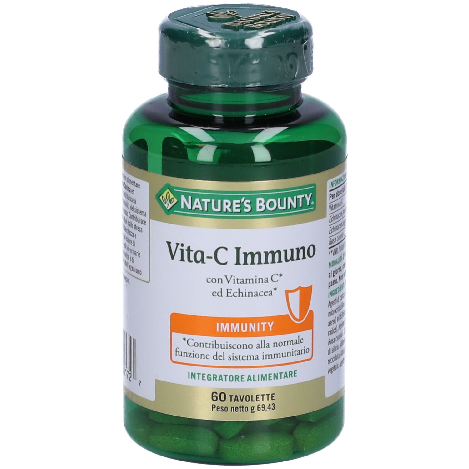 Flacone verde Vita-C Immuno con 60 compresse. Etichetta con nome del prodotto, ingredienti e marchio Nature's Bounty.