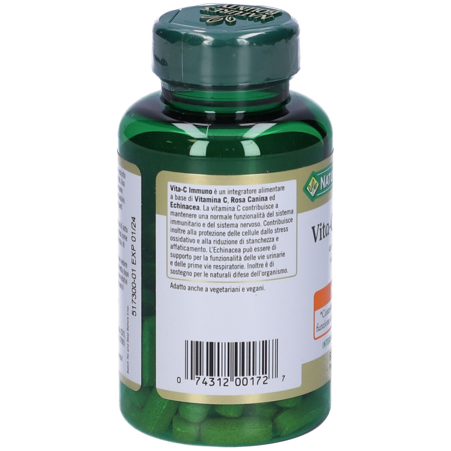 Vista posteriore del flacone verde Vita-C Immuno. Etichetta con informazioni sul prodotto, ingredienti e data di scadenza.