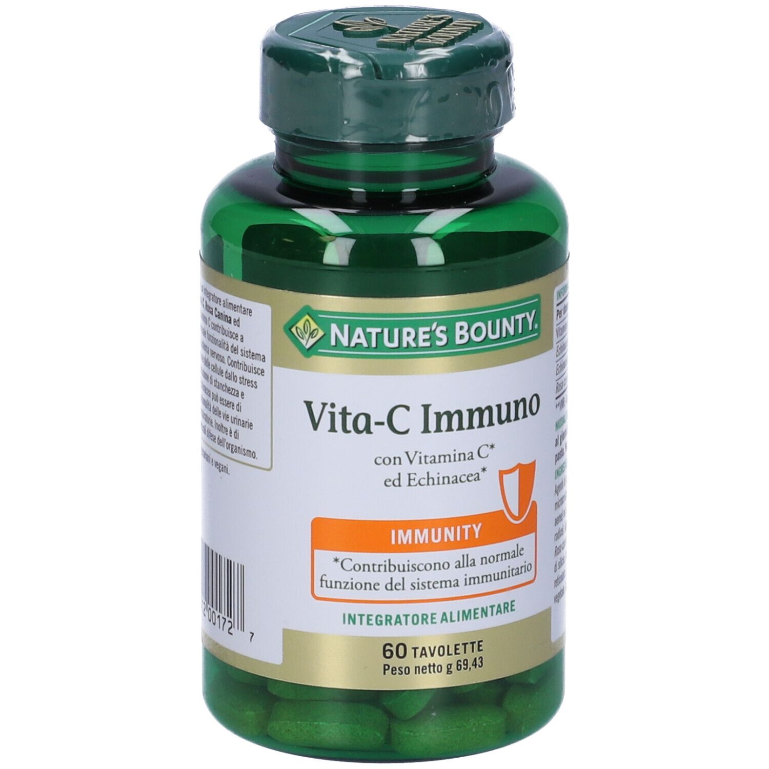 Flacone verde Vita-C Immuno con 60 compresse. Etichetta con nome del prodotto, ingredienti e marchio Nature's Bounty.