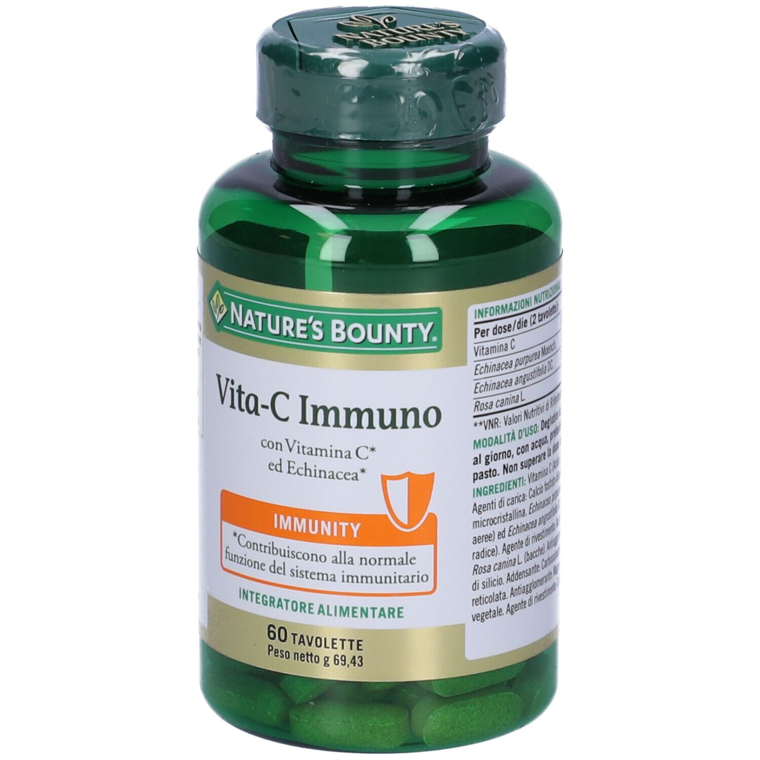 Flacone verde Vita-C Immuno con 60 compresse. Etichetta con nome del prodotto, ingredienti e marchio Nature's Bounty.