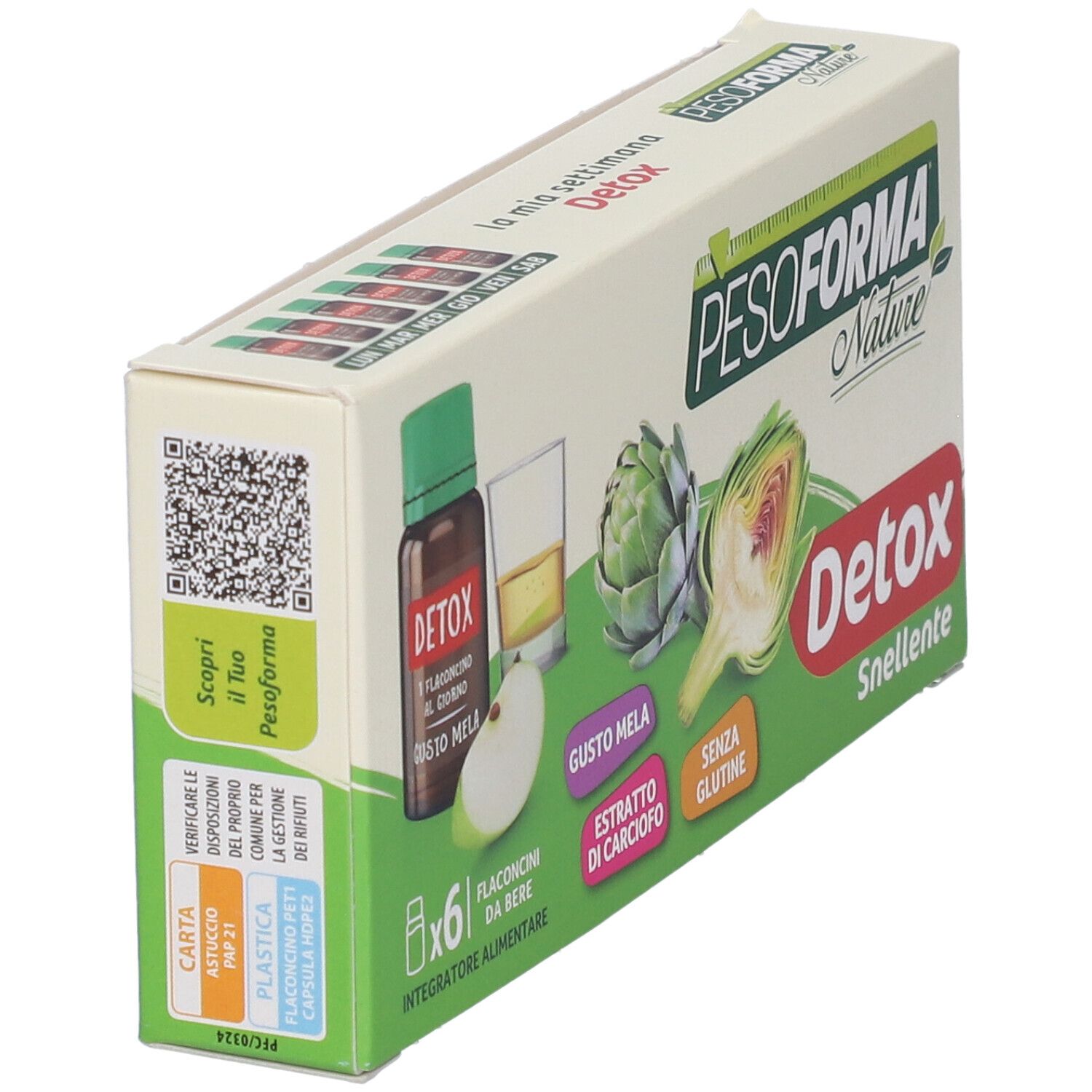 Vista obliqua della confezione PESOFORMA Nature Detox Snellente. Con codice QR e testo. Contiene 6 flaconcini.