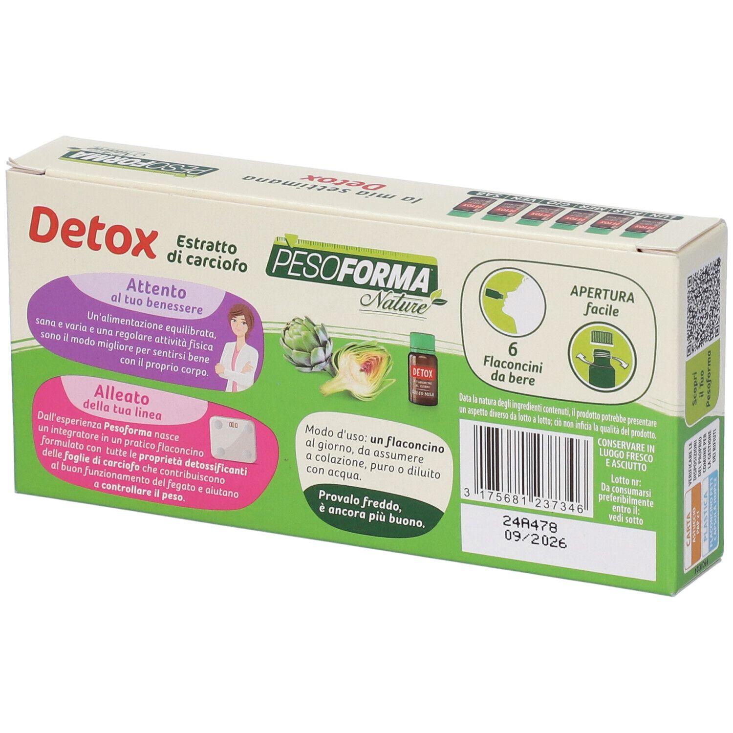 Retro della confezione PESOFORMA Nature Detox Snellente. Con testo e illustrazioni. Contiene 6 flaconcini.