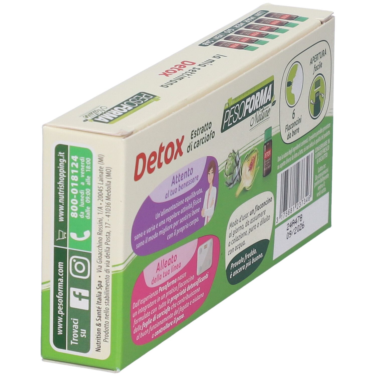 Vista obliqua della confezione PESOFORMA Nature Detox Snellente. Con testo e contatti. 6 flaconcini.