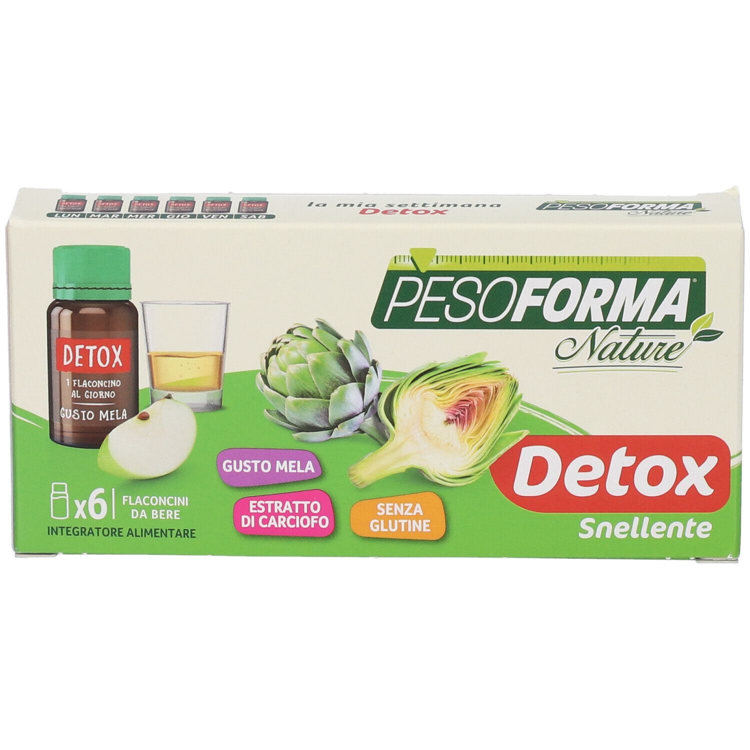 Confezione PESOFORMA Nature Detox Snellente. Contiene 6 flaconcini. Estratto di carciofo e gusto mela. Senza glutine.