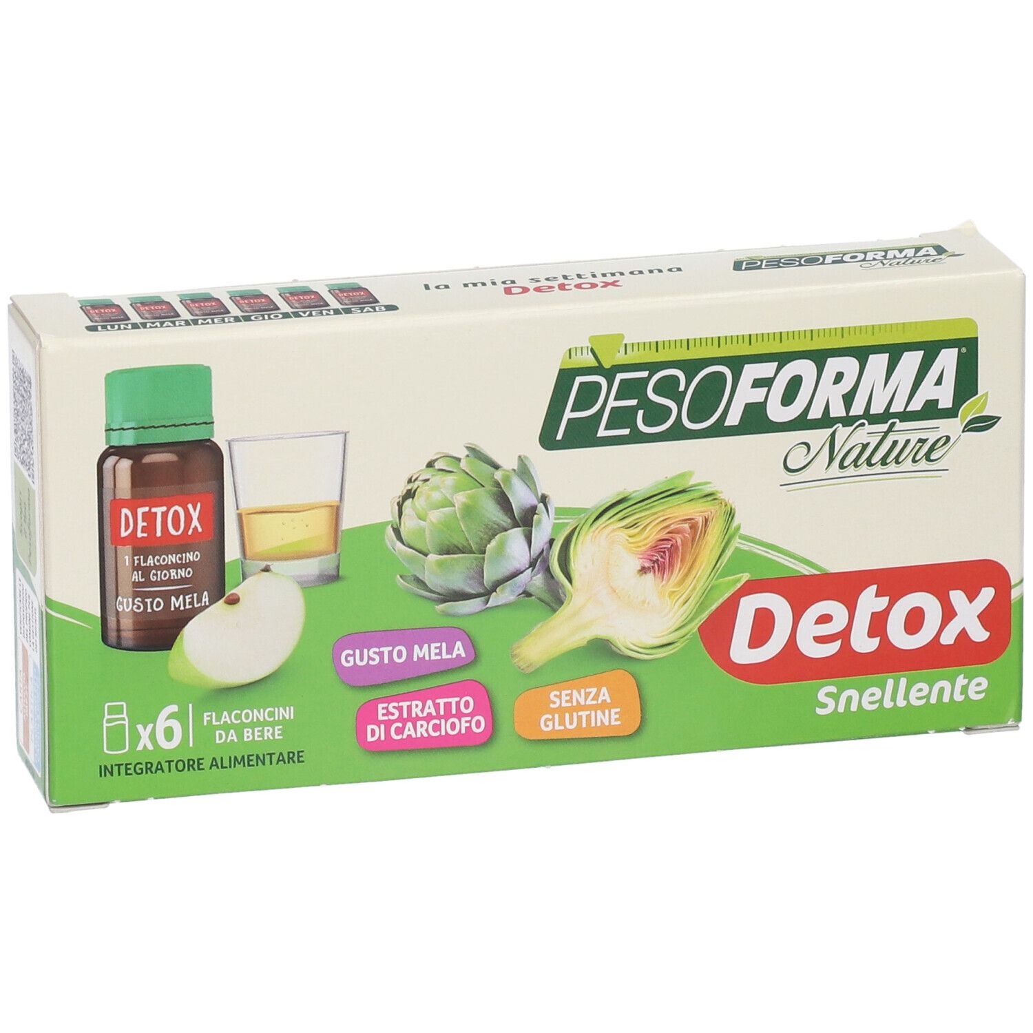 Confezione PESOFORMA Nature Detox Snellente. Contiene 6 flaconcini. Estratto di carciofo e gusto mela. Senza glutine.