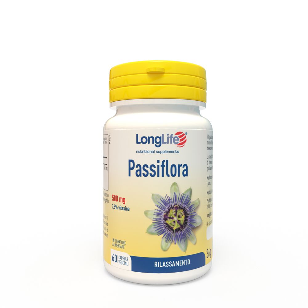 Flacone bianco con tappo giallo. Scritta: LongLife Passiflora, 60 capsule. Illustrazione di un fiore della passione.