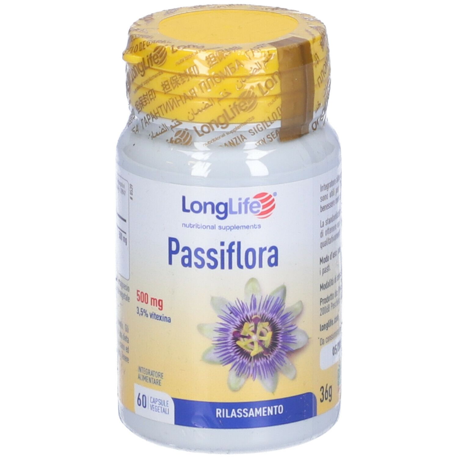 Flacone bianco con tappo giallo e sigillo. Scritta: LongLife Passiflora, 60 capsule. Illustrazione fiore della passione.