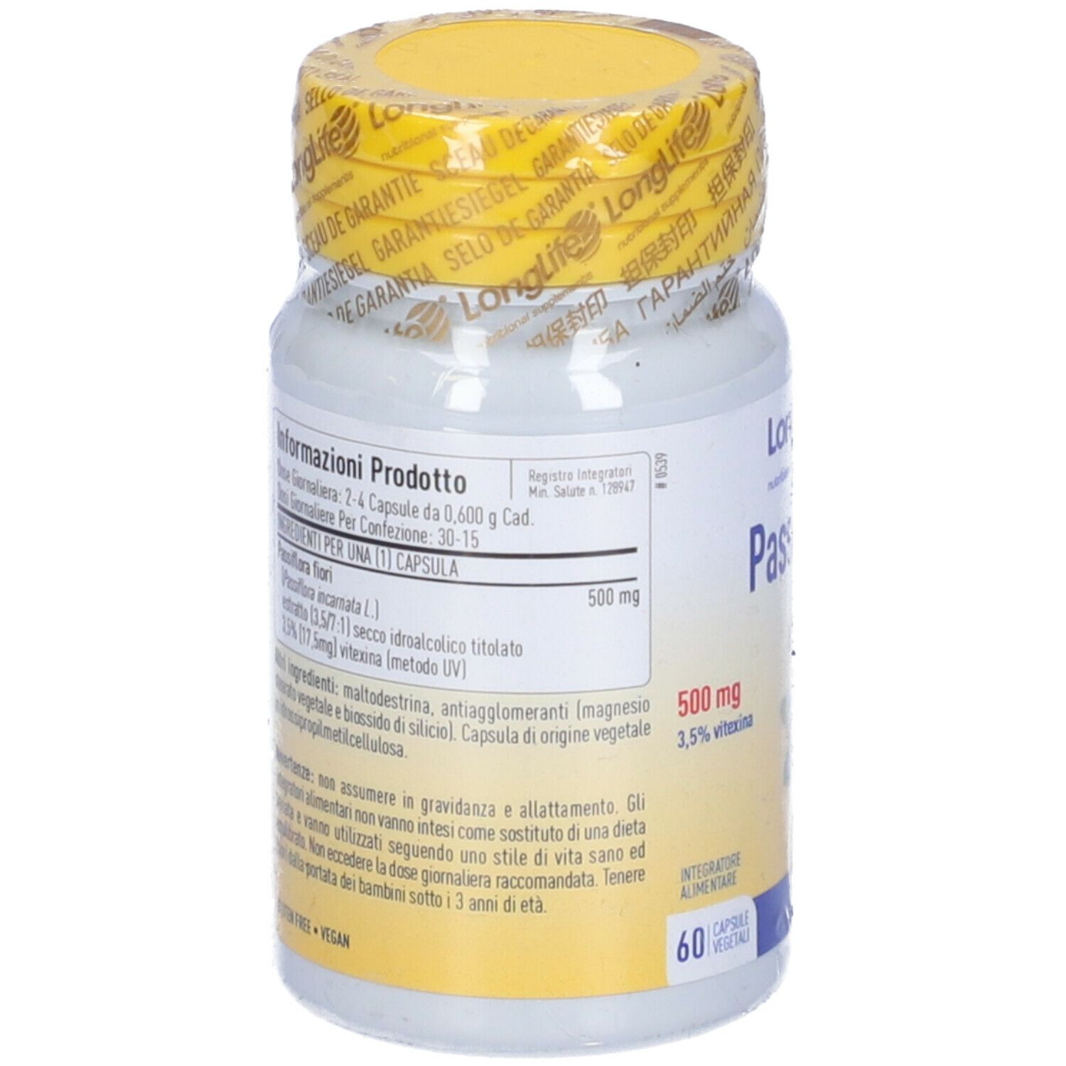 Retro di un flacone bianco con tappo giallo. Informazioni testuali e ingredienti. 60 capsule. Vegan.