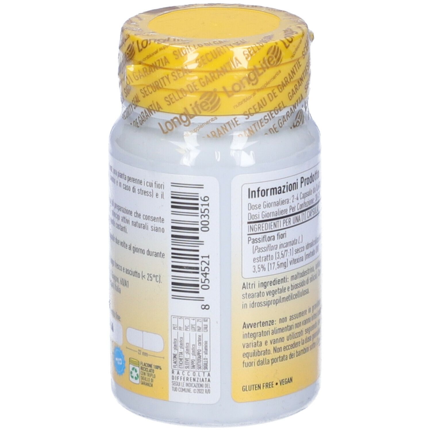 Retro di un flacone bianco con tappo giallo. Informazioni testuali e ingredienti. 60 capsule. Vegan.