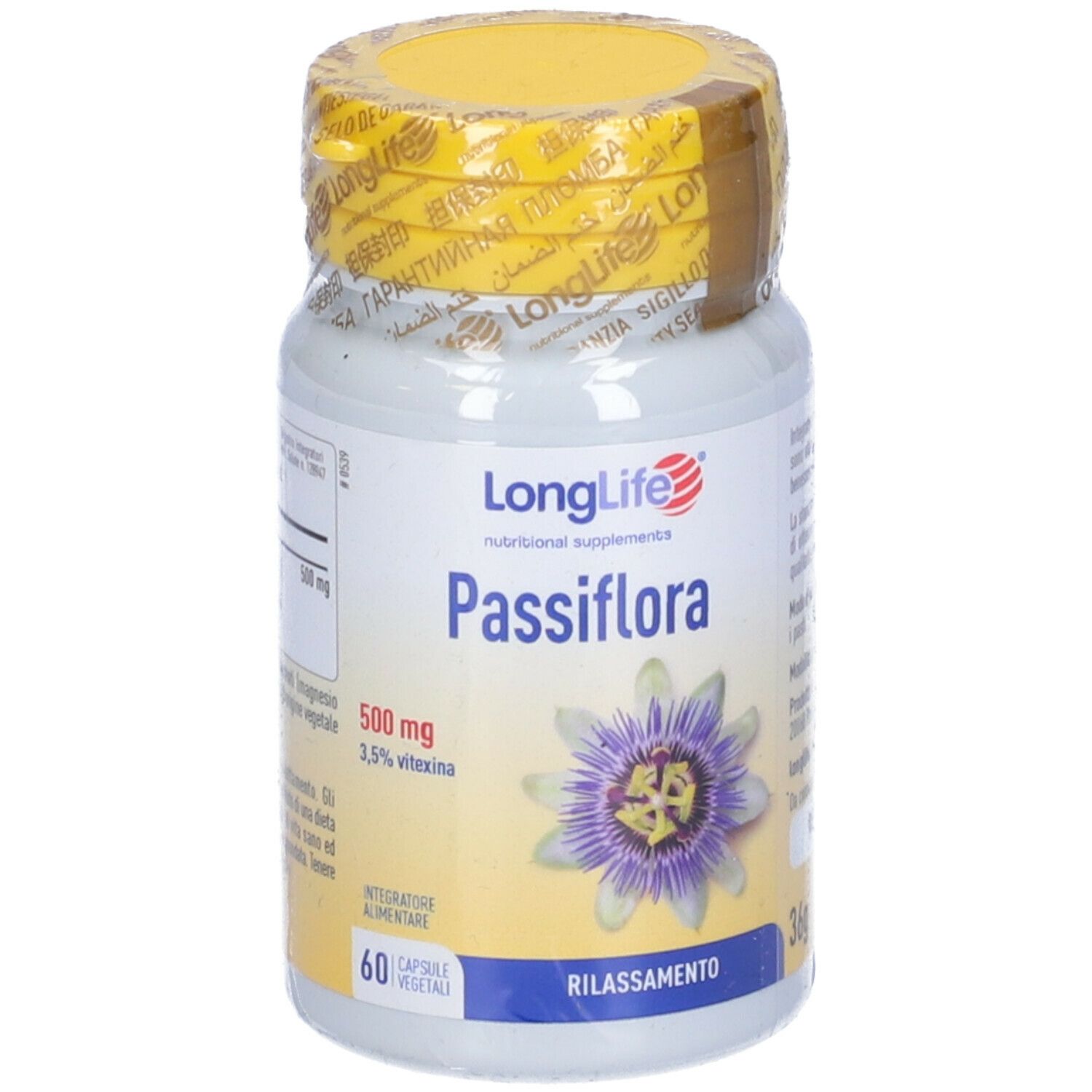 Flacone bianco con tappo giallo e sigillo. Scritta: LongLife Passiflora, 60 capsule. Illustrazione fiore della passione.